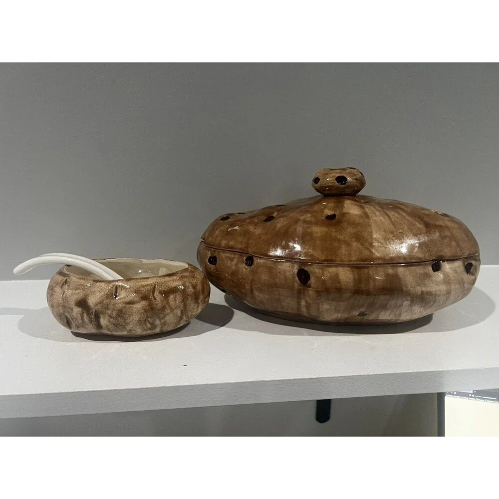 Vintage 1970s Ceramic Baked Potato Lidded Dish w/ Small Bowl and Spoon